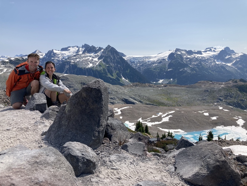 View from the top of the Opal Cone, azure lakes visible below the Lava Glacier